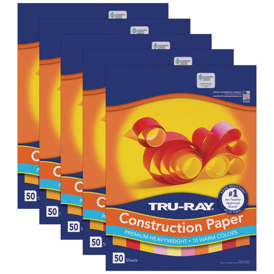 Construction Paper, Heavyweight, Warm Assorted, 12" x 18", 50 Sheets Per Pack, 5 Packs