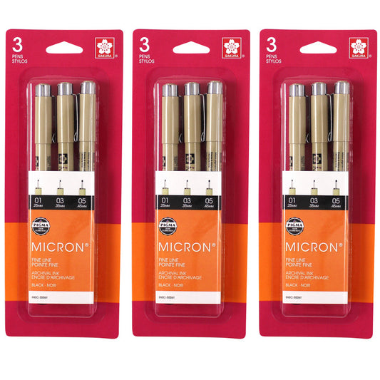 Pigma Micron Pens, Black, Assorted Sizes, 3 Per Pack, 3 Packs