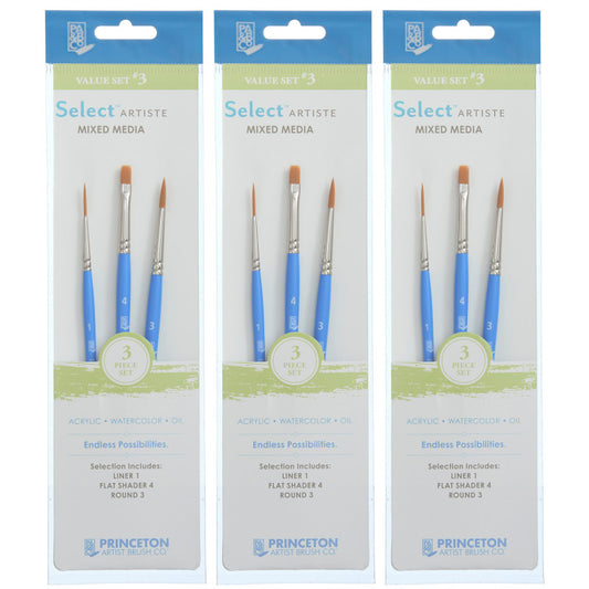 Select Artiste Brush Set No. 3, Synthetic Bristles, Short Handle Mixed Media Paintbrush, Jewel Blue, 3 Per Set, 3 Sets