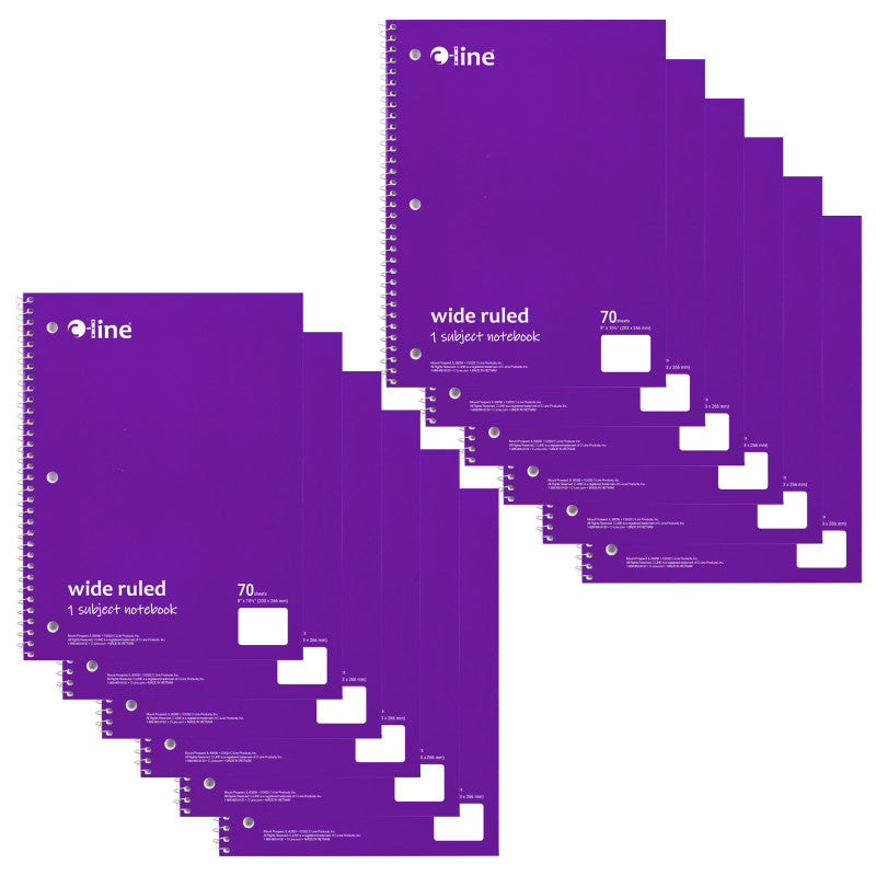 1-Subject Notebook, 70 Page, Wide Ruled, Purple, Pack of 12