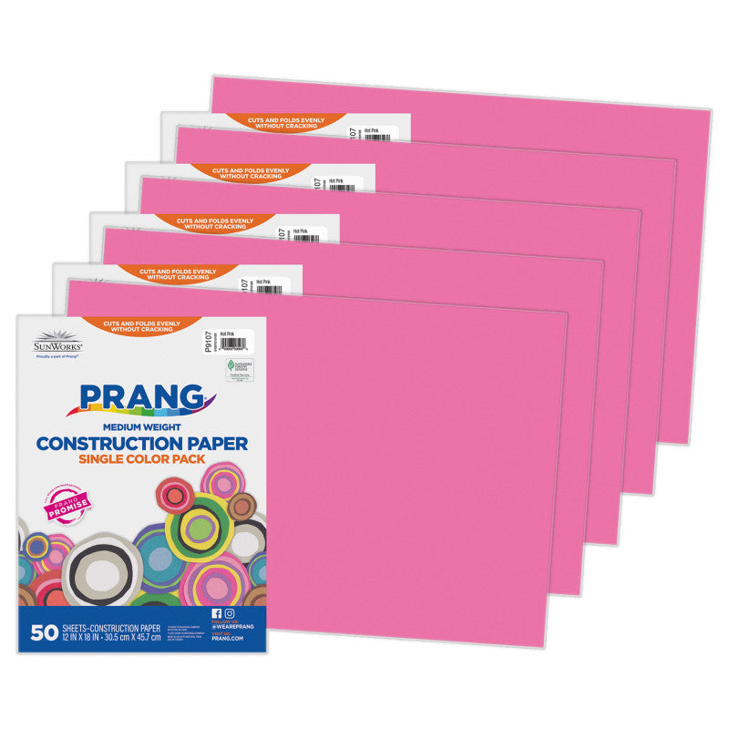 Construction Paper, Medium Weight, Hot Pink, 12" x 18", 50 Sheets Per Pack, 5 Packs
