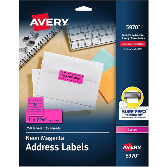 High-Visibility Labels, Permanent Adhesive, Neon Magenta, 1" x 2-5/8", 750 Labels