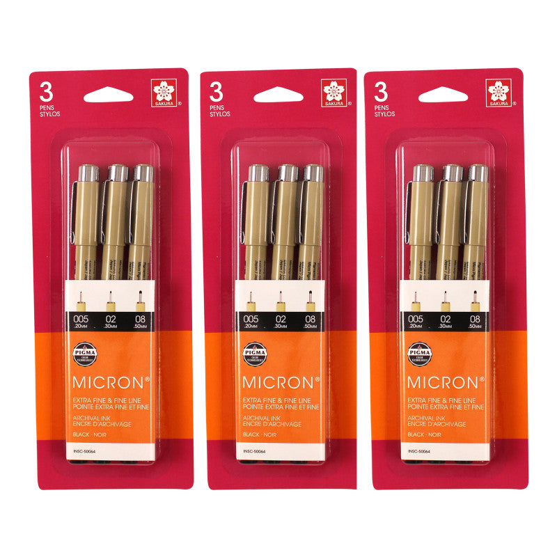 Pigma Micron Pens, Gray & Black, Assorted Sizes, 3 Per Set, 3 Sets