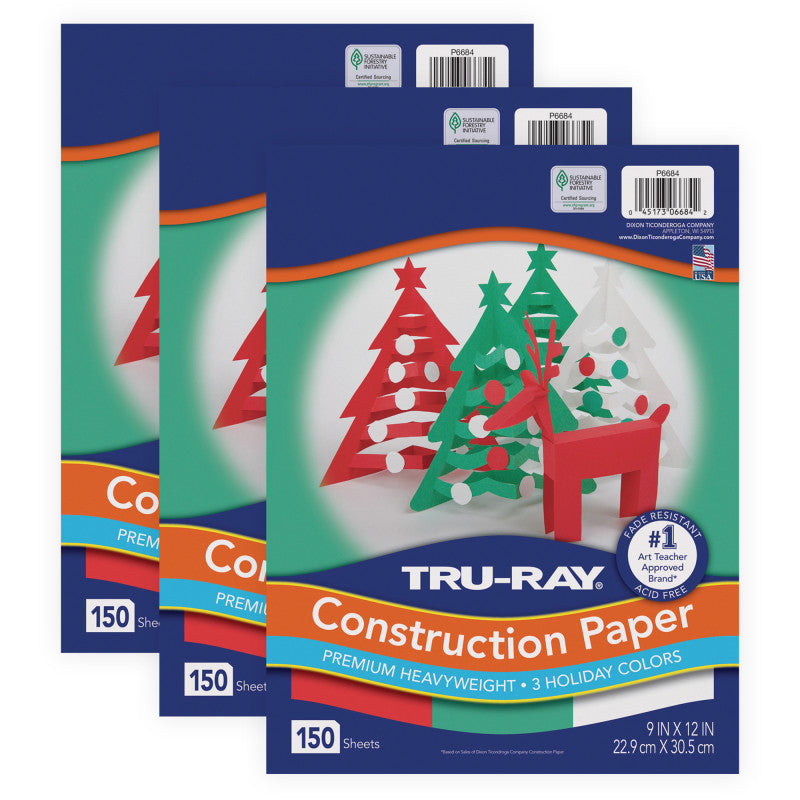 Construction Paper, Heavyweight, Holiday Assortment, 9" x 12", 150 Sheets Per Pack, 3 Packs