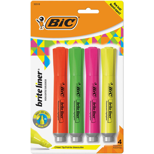 Brite Liner® Grip Tank Highlighter, Chisel Tip, Assorted Colors, Pack of 4