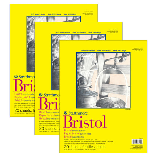 300 Series Bristol Pad, Smooth Finish, Tape Binding, 20 Sheet, 11x14 inch, Pack of 3