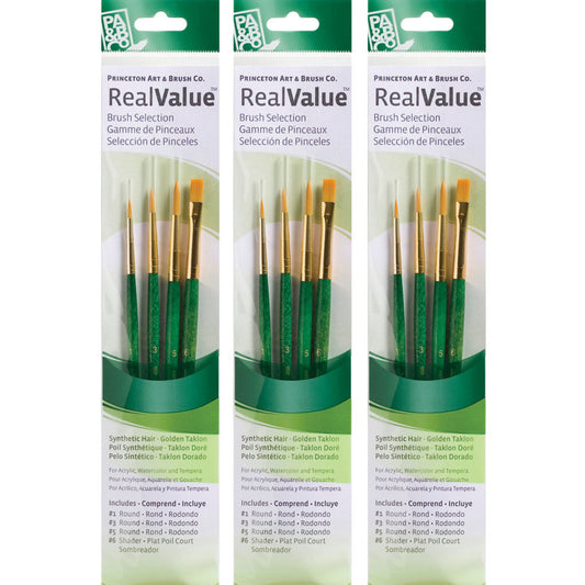 RealValue Brush Set, Gold Taklon Bristles, Short Handle Mixed Media Paintbrush, Brown, 4 Per Set, 3 Sets