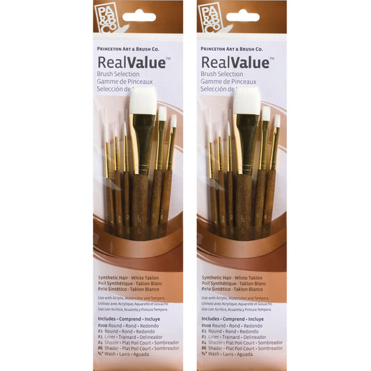 RealValue Brush Set, White Taklon Bristles, Short Handle Mixed Media Paintbrush, Brown, 6 Per Set, 2 Sets