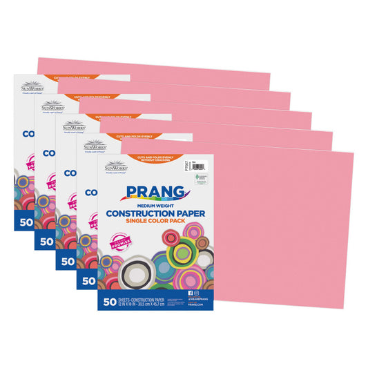 Construction Paper, Medium Weight, Pink, 12" x 18", 50 Sheets Per Pack, 5 Packs