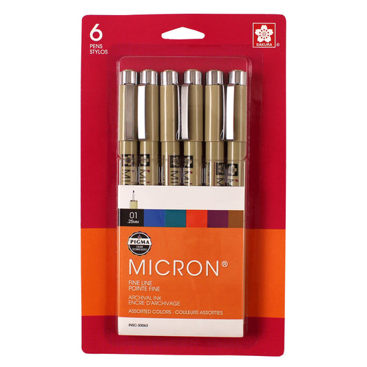 Pigma Micron Pens, Size 01, Assorted Colors, 6-Piece Set, Blister Card