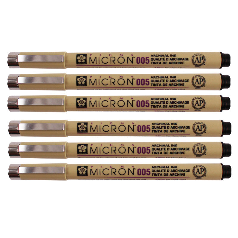Pigma Micron Pen, Black, 0.20mm Size 005, Pack of 6