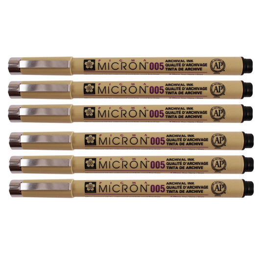 Pigma Micron Pen, Black, 0.20mm Size 005, Pack of 6
