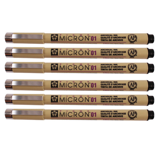 Pigma Micron Pen, Black, 0.25mm Size 01, Pack of 6