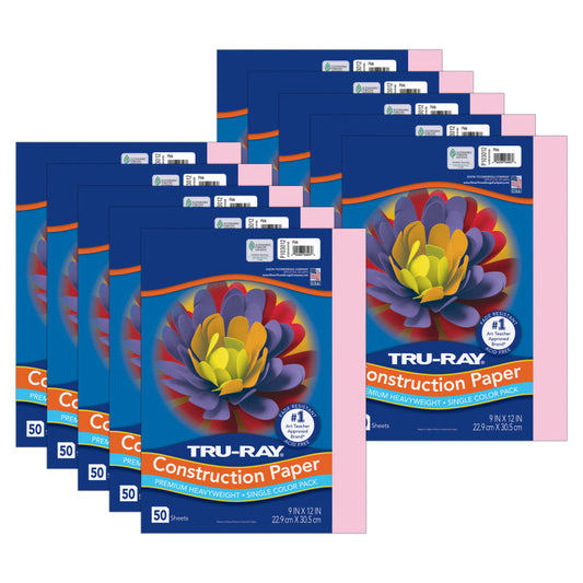 Construction Paper, Heavyweight, Pink, 9" x 12", 50 Sheets Per Pack, 10 Packs