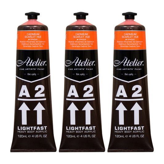A2 Heavy Body Lightfast Artist Acrylic, 4 oz., Cadmium Scarlet Hue, Pack of 3