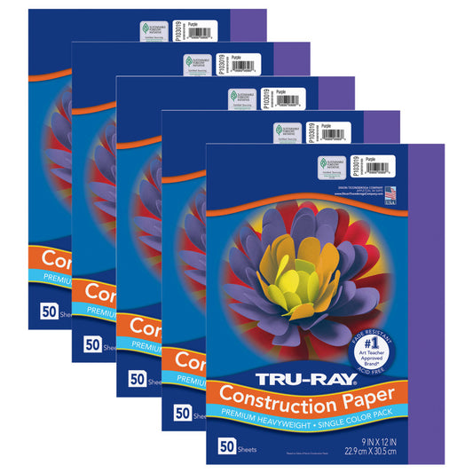 Construction Paper, Heavyweight, Purple, 9" x 12", 50 Sheets Per Pack, 5 Packs