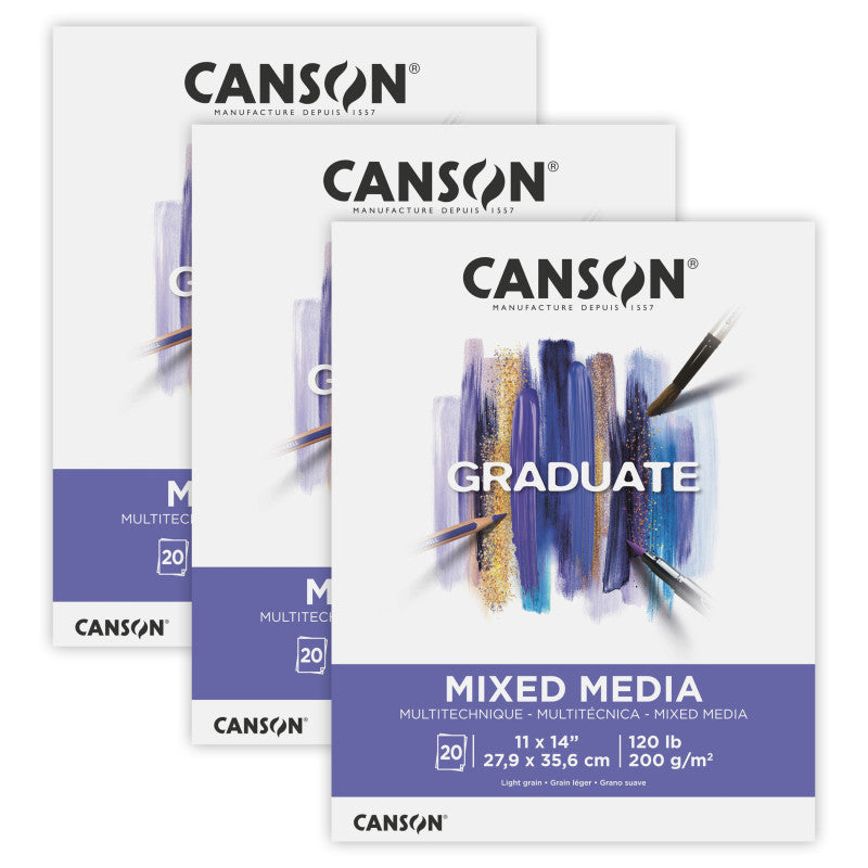 Graduate Mixed Media Pad, Foldover Binding, 20 Sheet, 11x14 inch, Pack of 3