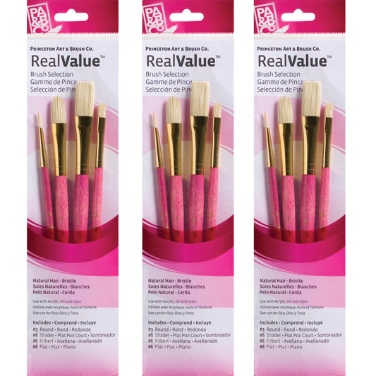 RealValue Brush Set, Natural Bristles, Short Handle Mixed Media Paintbrush, Pink, 4 Per Set, 3 Sets