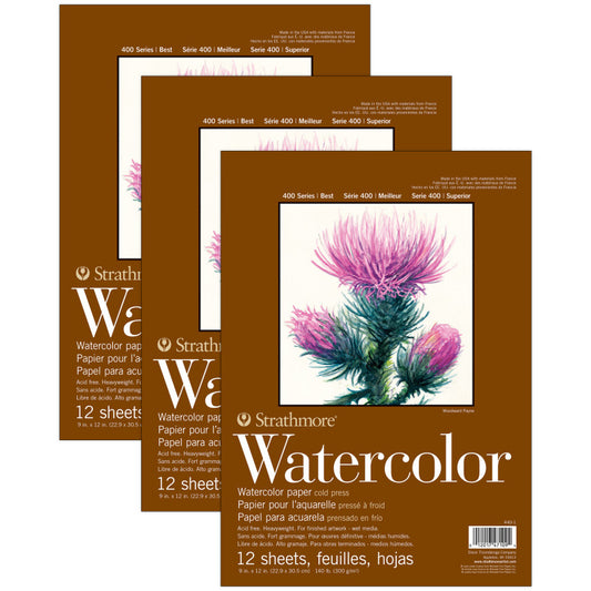 400 Series Watercolor Pad, Top Wire Binding, 12 Sheet, 9x12 inch, Pack of 3