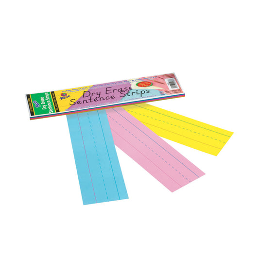 Dry Erase Sentence Strips, 3 Assorted Colors, 1-1/2" X 3/4" Ruled, 3" x 12", 30 Strips