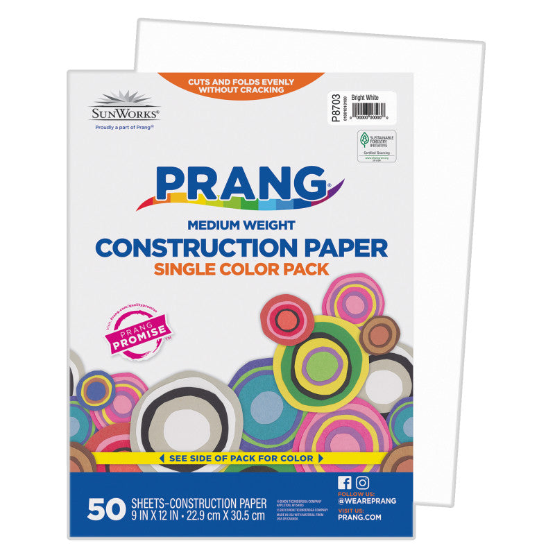 Construction Paper, Medium Weight, Bright White, 9" x 12", 50 Sheets