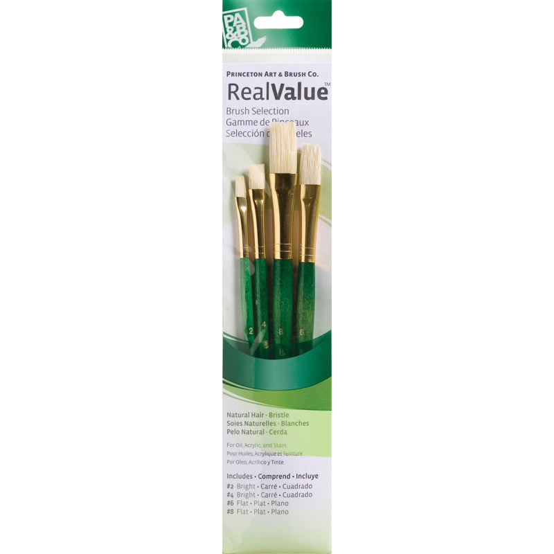 RealValue Brush Set, Natural Bristles, Short Handle Mixed Media Paintbrush, Green, 4 Pieces