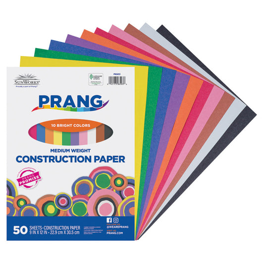 Construction Paper, Medium Weight, 10 Assorted Colors, 9" x 12", 50 Sheets