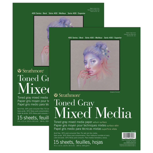 400 Series Mixed Media Pad, Toned Gray, Glue Binding, 9x12 inch, 15 Sheet, Pack of 2