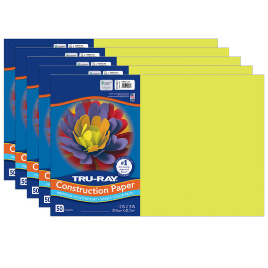 Construction Paper, Heavyweight, Brilliant Lime, 12" x 18", 50 Sheets Per Pack, 5 Packs