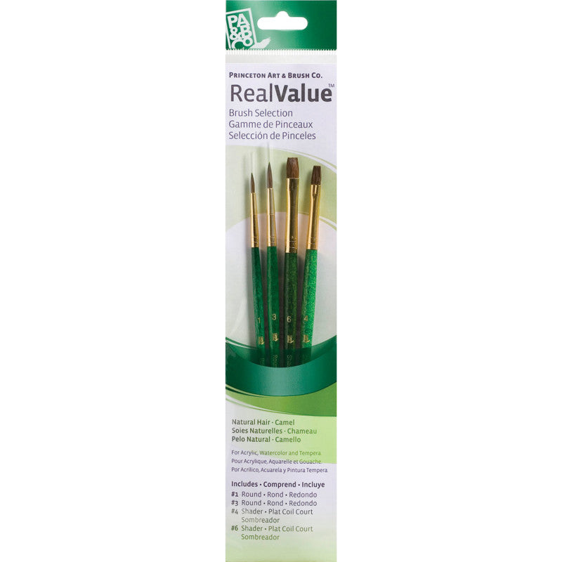 RealValue Brush Set, Camel Bristles, Short Handle Mixed Media Paintbrush, Green, 4 Pieces