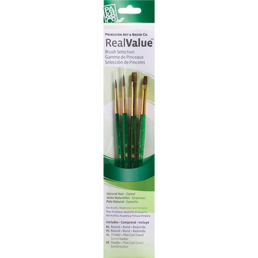 RealValue Brush Set, Camel Bristles, Short Handle Mixed Media Paintbrush, Green, 4 Pieces