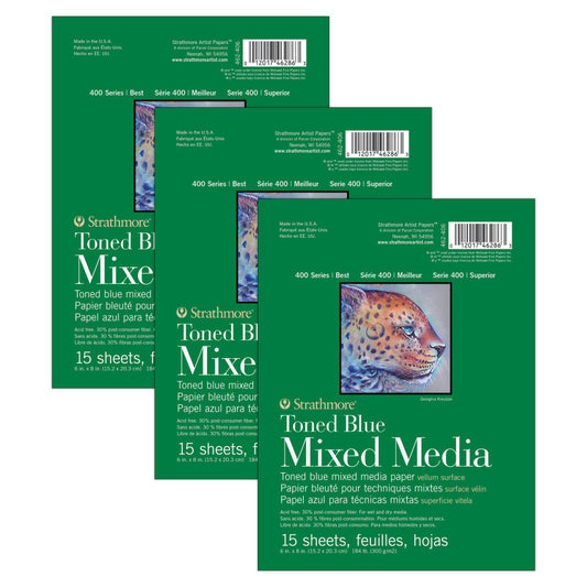 400 Series Mixed Media Pad, Toned Blue, Glue Binding, 15 Sheet, 6x8 inch, Pack of 3