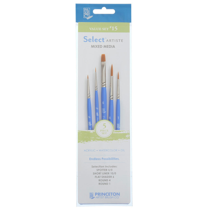 Select Artiste Brush Set No. 15, Synthetic Bristles, Short Handle Mixed Media Paintbrush, Jewel Blue, 5 Pieces