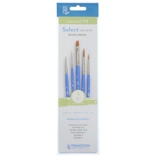 Select Artiste Brush Set No. 15, Synthetic Bristles, Short Handle Mixed Media Paintbrush, Jewel Blue, 5 Pieces