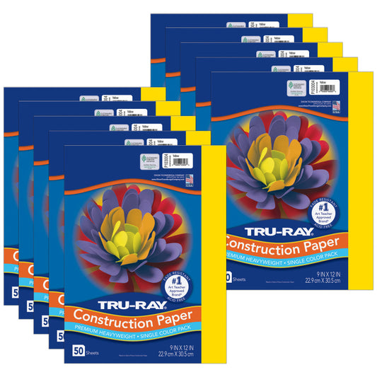 Construction Paper, Heavyweight, Yellow, 9" x 12", 50 Sheets Per Pack, 10 Packs