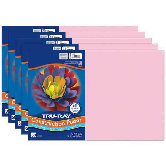 Construction Paper, Heavyweight, Pink, 12" x 18", 50 Sheets Per Pack, 5 Packs