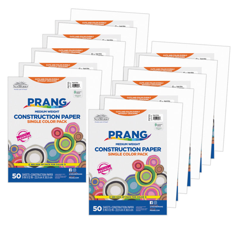 Construction Paper, Medium Weight, Bright White, 9" x 12", 50 Sheets Per Pack, 10 Packs