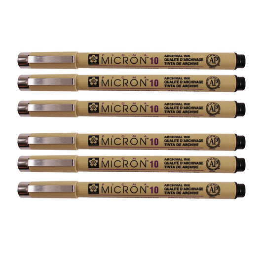 Pigma Micron Pen, Black, 0.60mm Size 10, Pack of 6