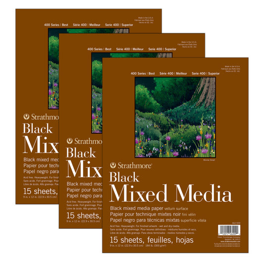 400 Series Mixed Media Pad, Black, Glue Binding, 15 Sheet, 9x12 inch, Pack of 3