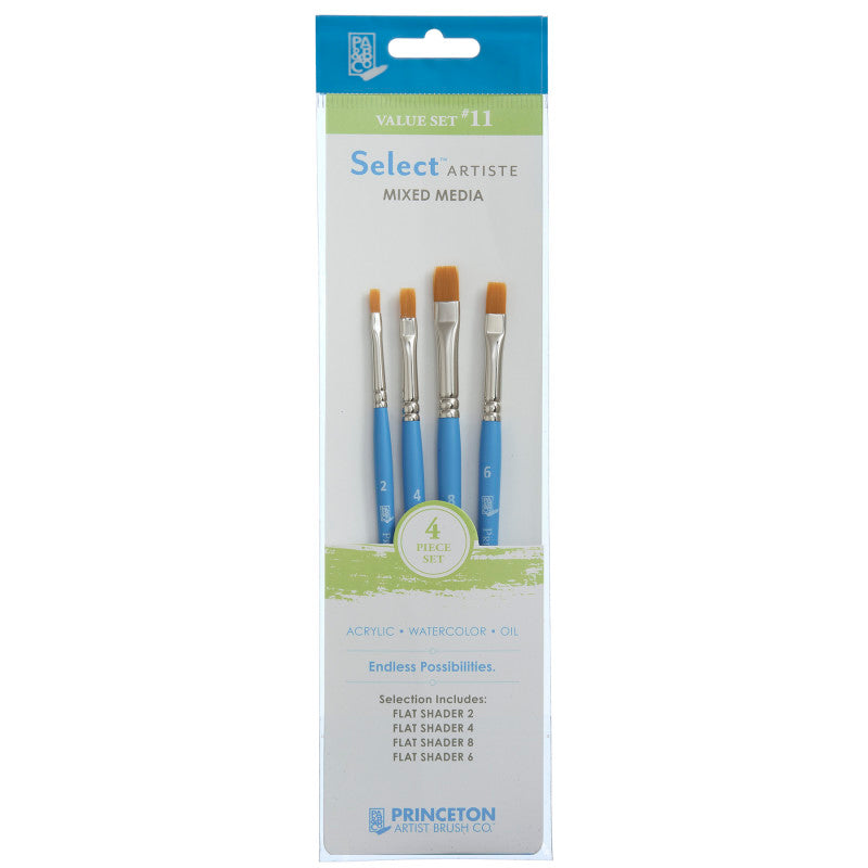 Select Artiste Brush Set No. 11, Synthetic Bristles, Short Handle Mixed Media Paintbrush, Jewel Blue, 4 Pieces