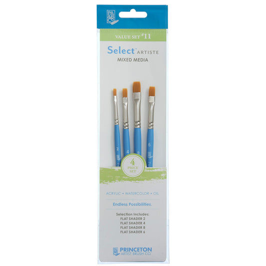 Select Artiste Brush Set No. 11, Synthetic Bristles, Short Handle Mixed Media Paintbrush, Jewel Blue, 4 Pieces