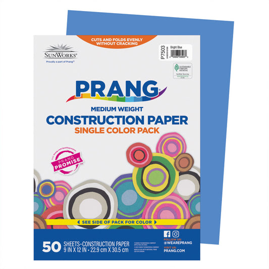 Construction Paper, Medium Weight, Bright Blue, 9" x 12", 50 Sheets