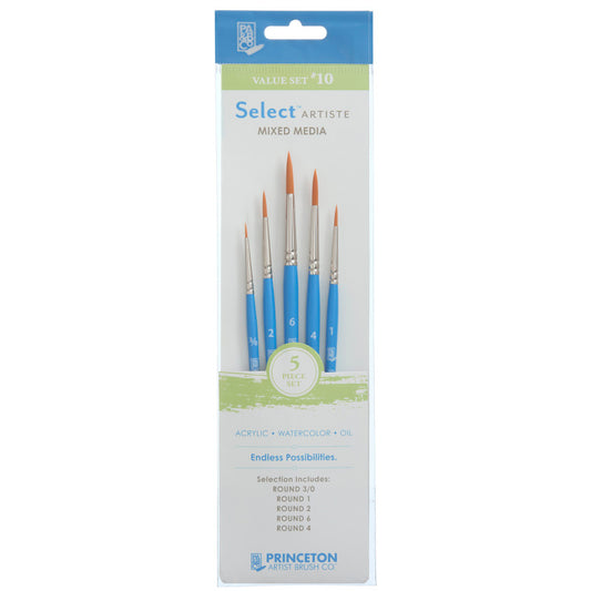 Select Artiste Brush Set No. 10, Synthetic Bristles, Short Handle Mixed Media Paintbrush, Jewel Blue, 5 Pieces