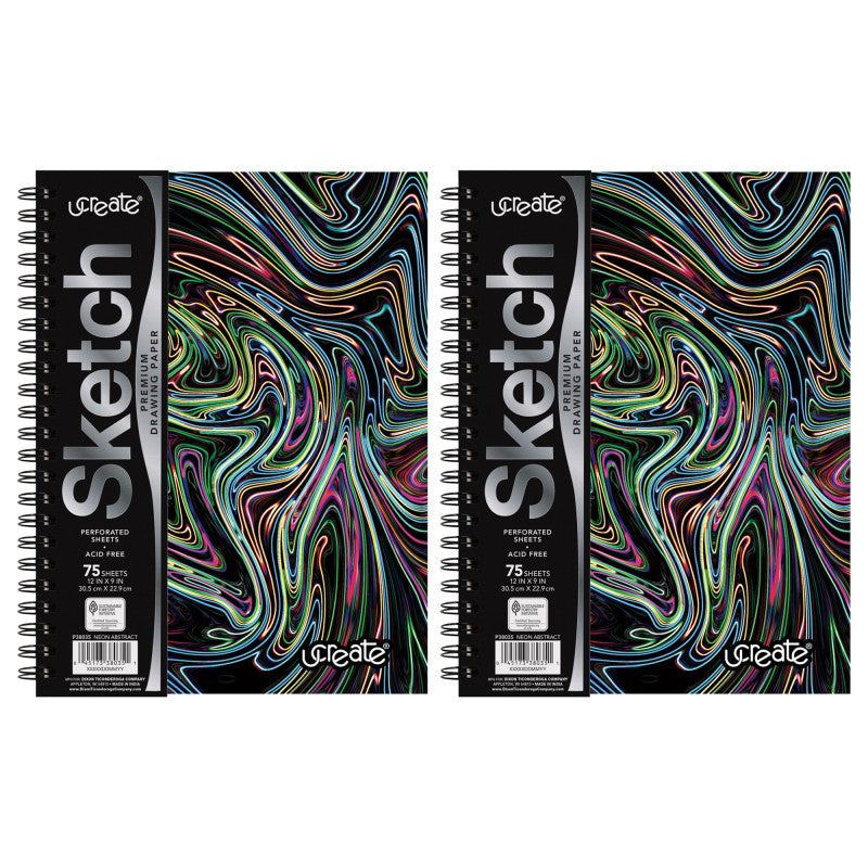 Fashion Poly Sketch Book, 9" x 12", 75 Sheets, Neon Abstract Design, Pack of 2