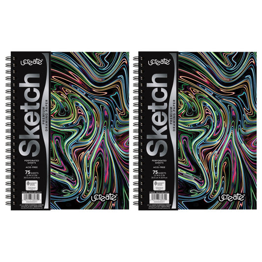 Fashion Poly Sketch Book, 9" x 12", 75 Sheets, Neon Abstract Design, Pack of 2