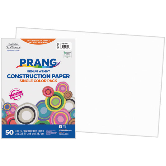 Construction Paper, Medium Weight, Bright White, 12" x 18", 50 Sheets
