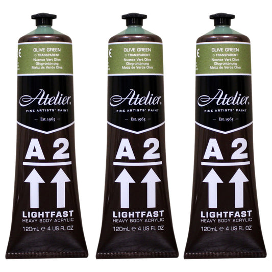 A2 Heavy Body Lightfast Artist Acrylic, 4 oz., Olive Green Hue, Pack of 3