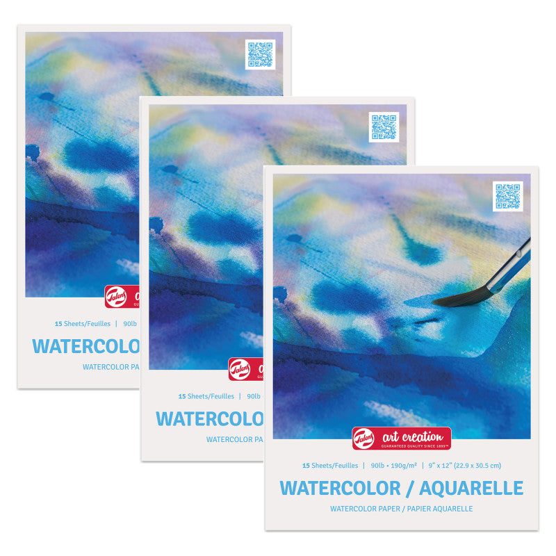 Watercolor Paper Pad, 90lbs, 9" x 12", 15 Sheets, Pack of 3