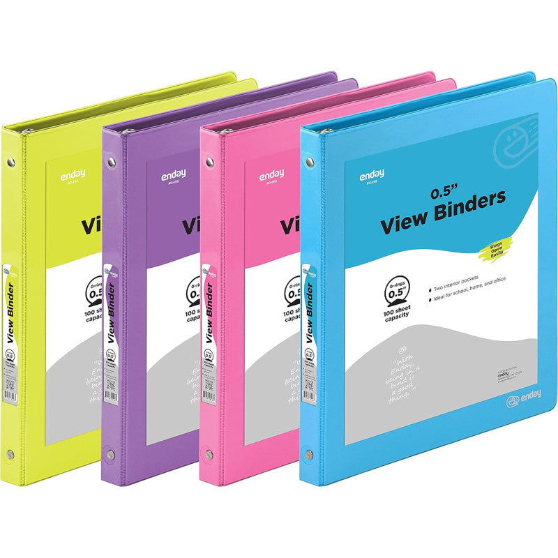 3-Ring View Binder, O-Ring, Assorted Colors, 1/2 Inch, Pack of 4