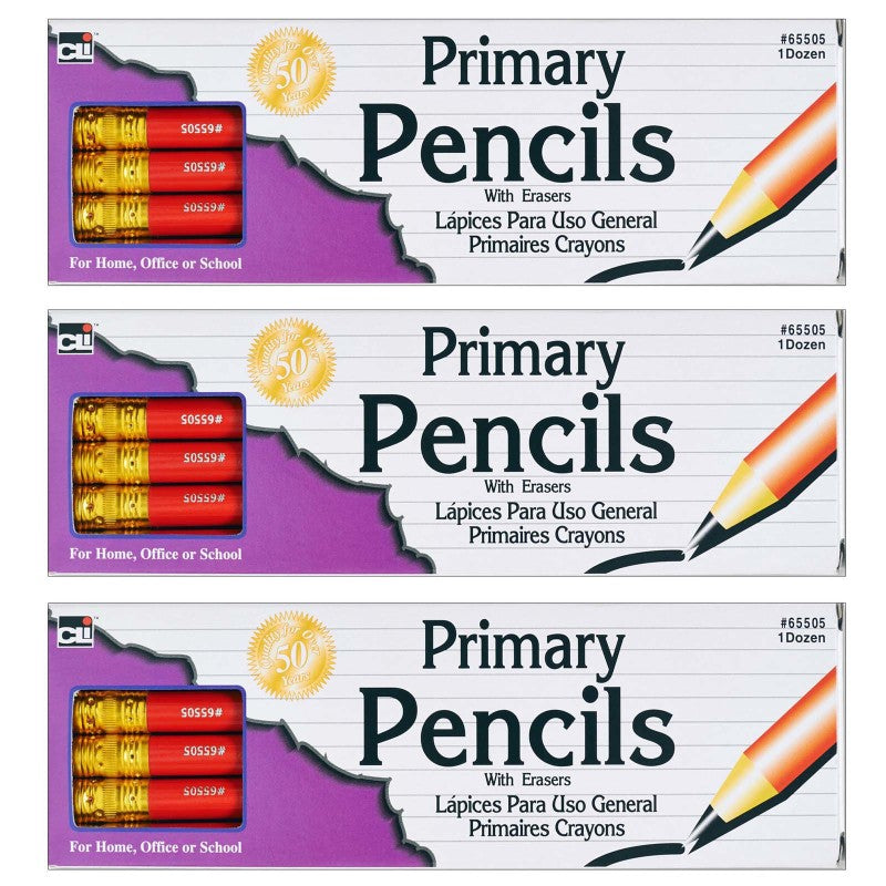 Primary Pencil, 0.41", Red with Eraser, 12 Per Box, 3 Boxes